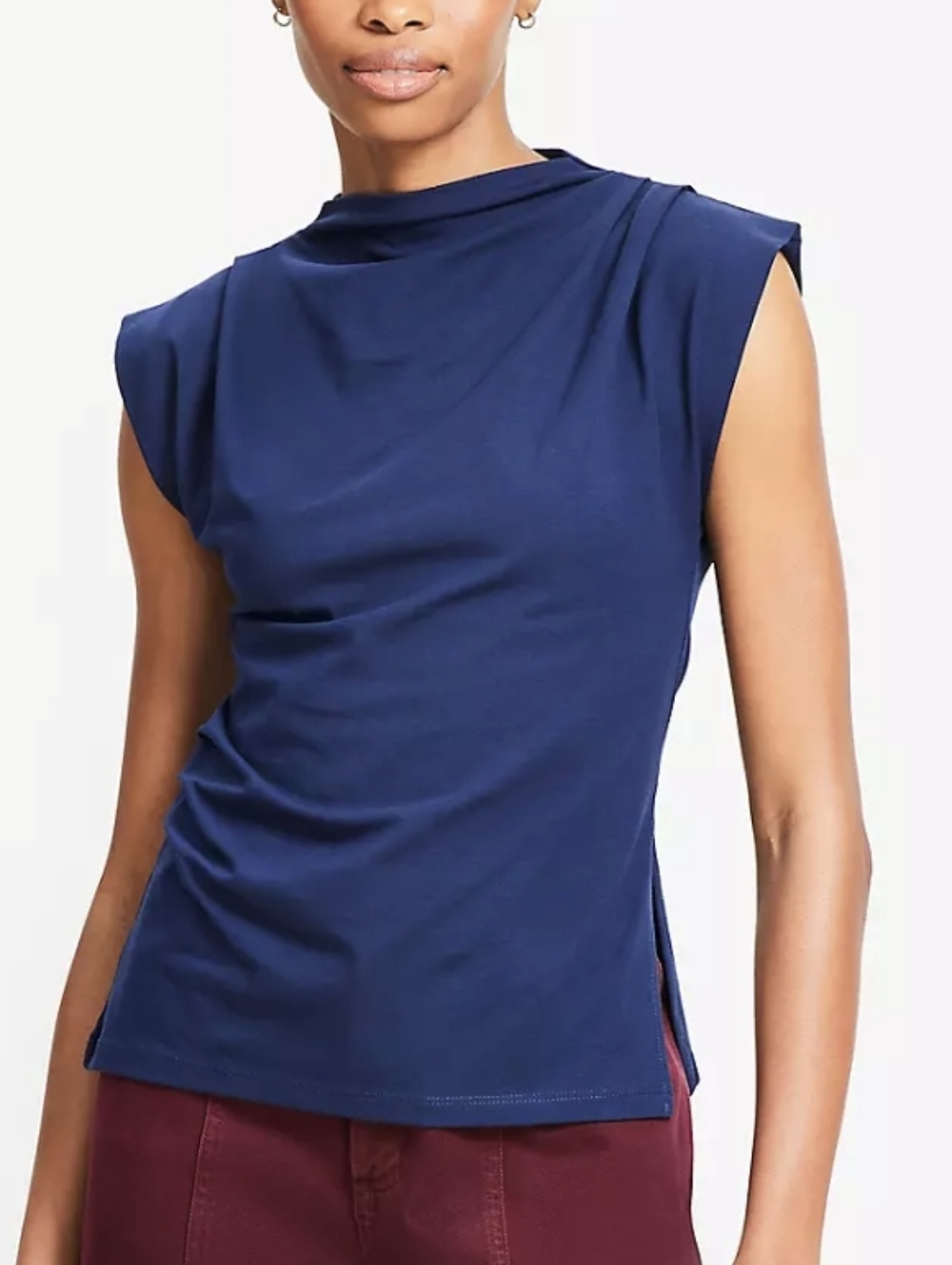 NWT Navy Blue Ruched High Neck Sleeveless Top Mock Neck Wedge Muscle Tee